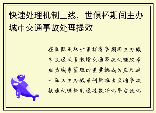 快速处理机制上线，世俱杯期间主办城市交通事故处理提效