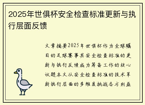2025年世俱杯安全检查标准更新与执行层面反馈