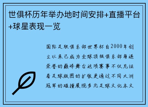 世俱杯历年举办地时间安排+直播平台+球星表现一览